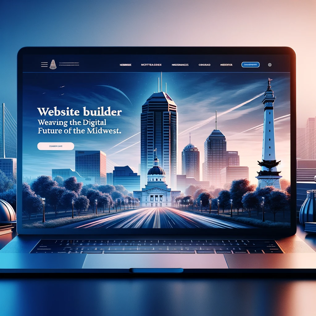 A laptop displaying a modern website with the Indianapolis skyline in the background.