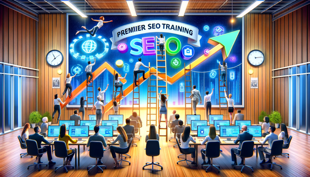  Students of diverse ethnicities climbing a ladder symbolizing SEO strategies in a modern classroom with 'Premier SEO Training' on the display.