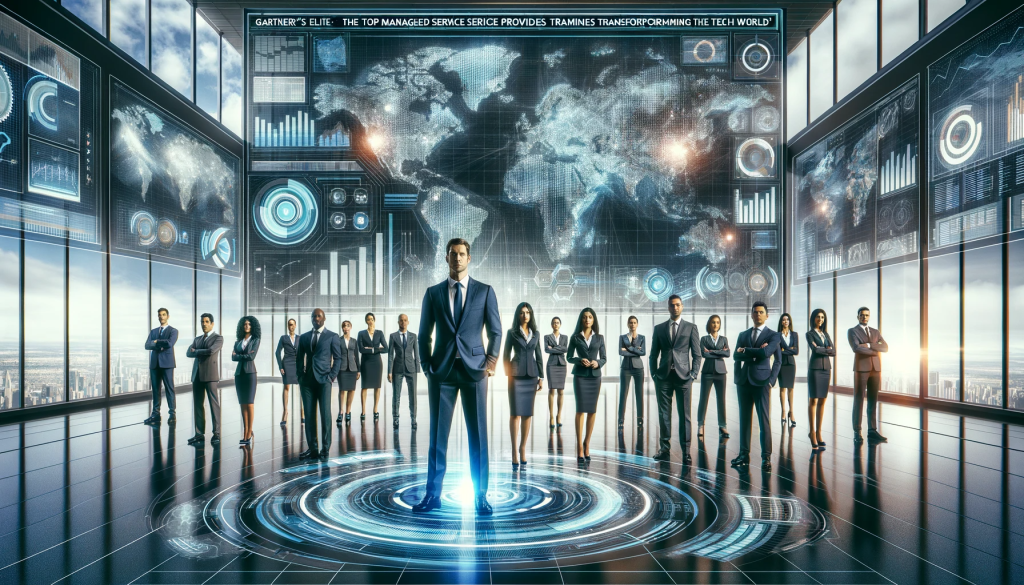 A futuristic digital artwork showcasing a diverse group of professionals in front of a digital display with graphs and the Gartner logo, symbolizing global tech leadership.