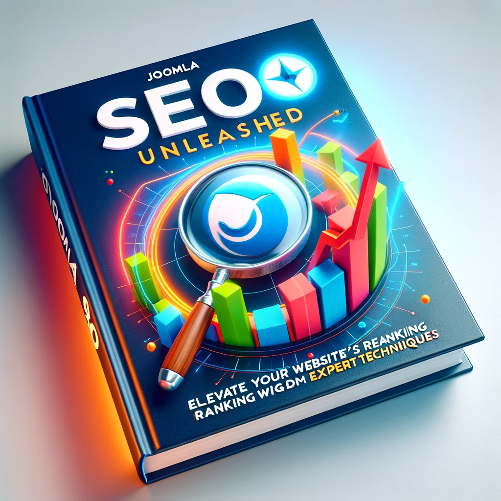 3D book cover titled 'Joomla SEO Unleashed', featuring Joomla's logo, a rising traffic graph, and a magnifying glass highlighting SEO keywords.