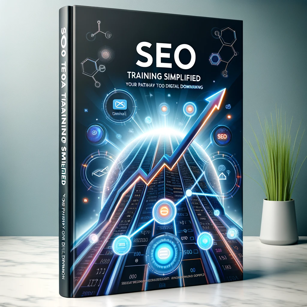 Book cover with a graph symbolizing SEO growth, titled 'SEO Training Simplified: Your Pathway to Digital Dominance'.
